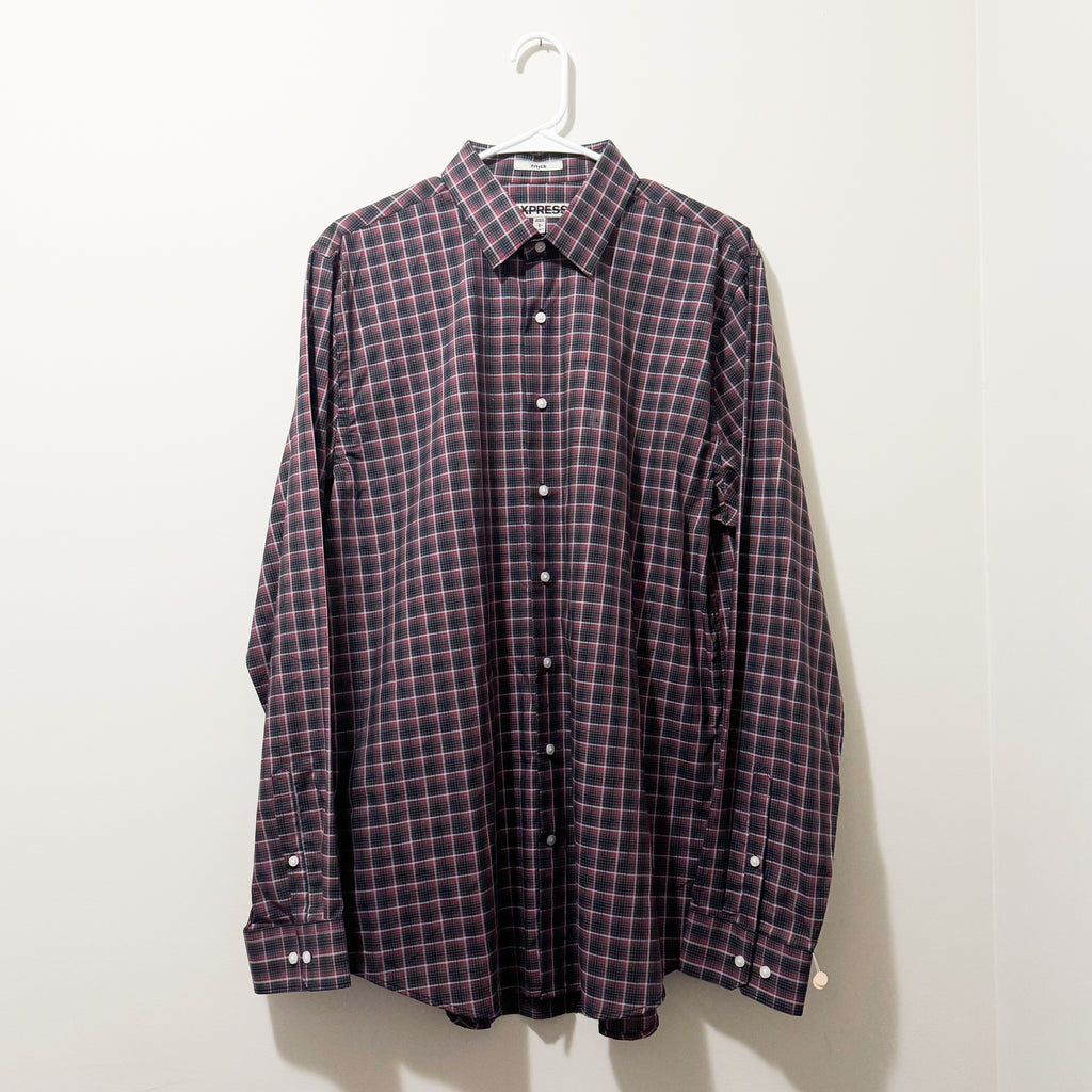 Men’s Express Red & Black Plaid Button Top Size Large