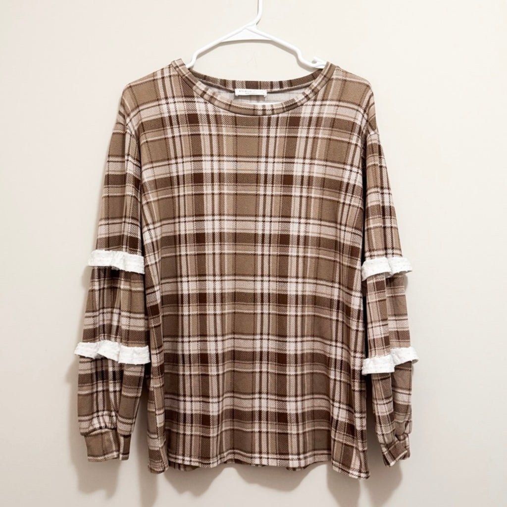 Women’s Brown Plaid Cozy Long Sleeve Top Size Small