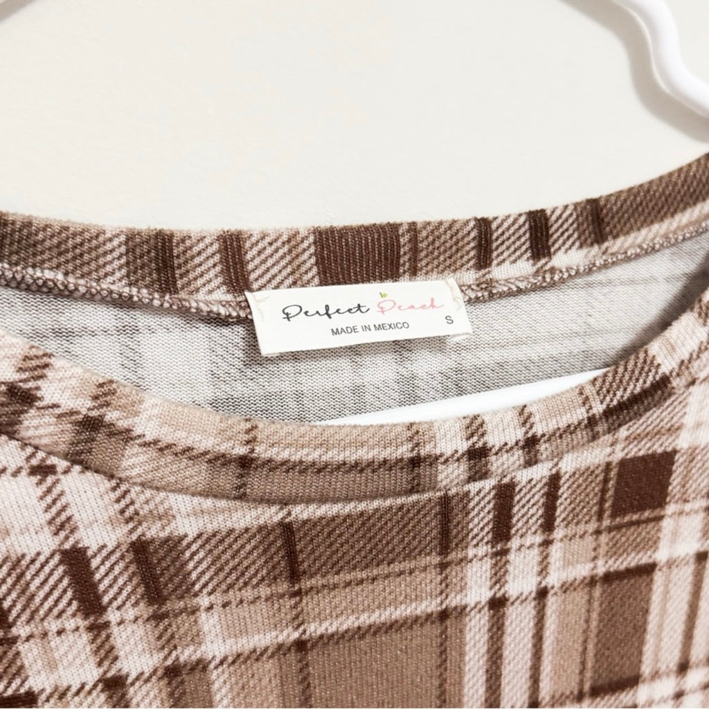 Women’s Brown Plaid Cozy Long Sleeve Top Size Small