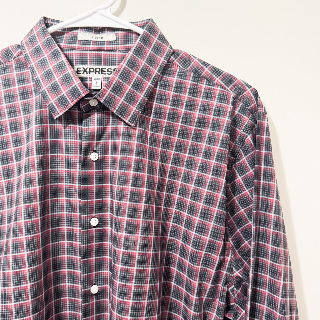 Men’s Express Red & Black Plaid Button Top Size Large