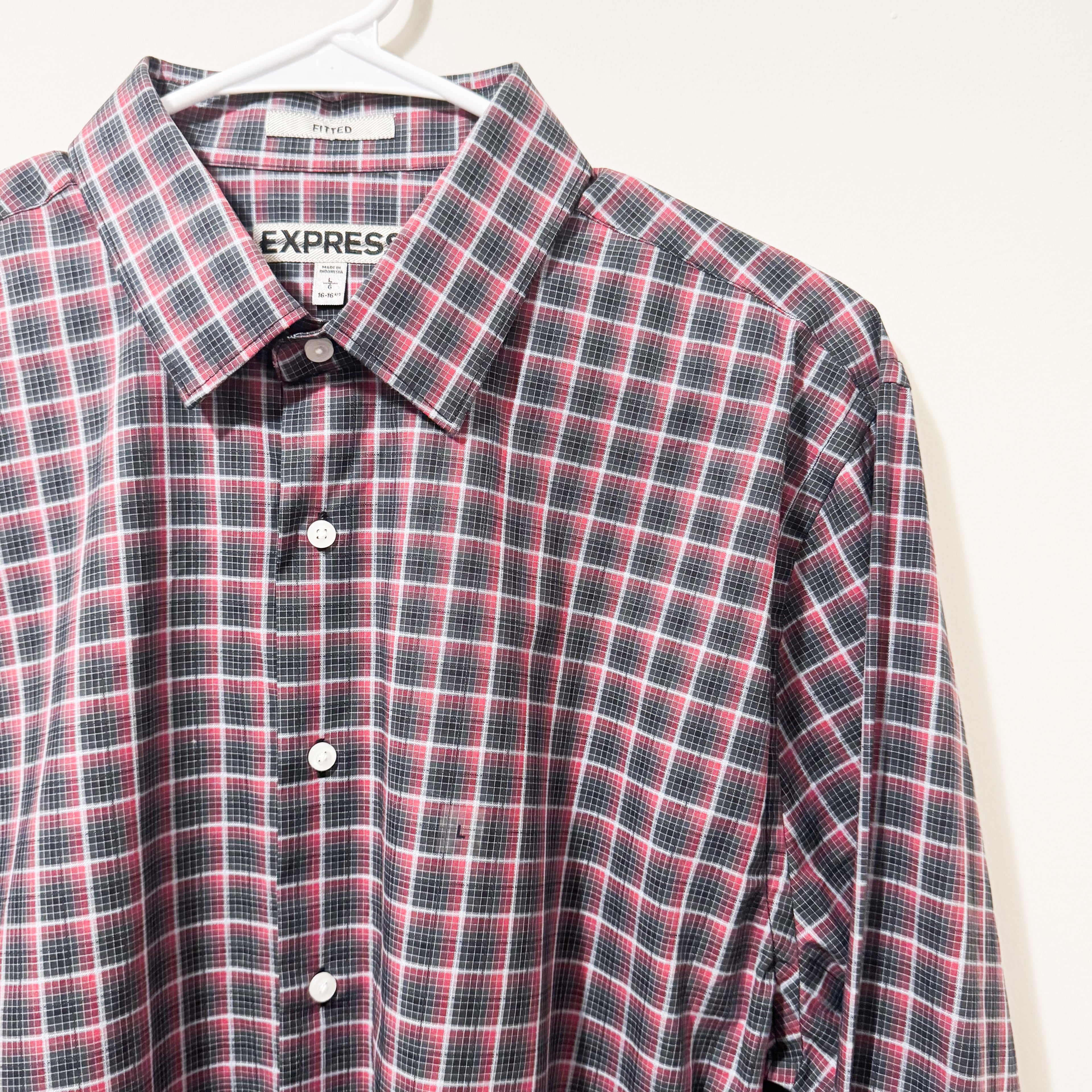 Men’s Express Red & Black Plaid Button Top Size Large