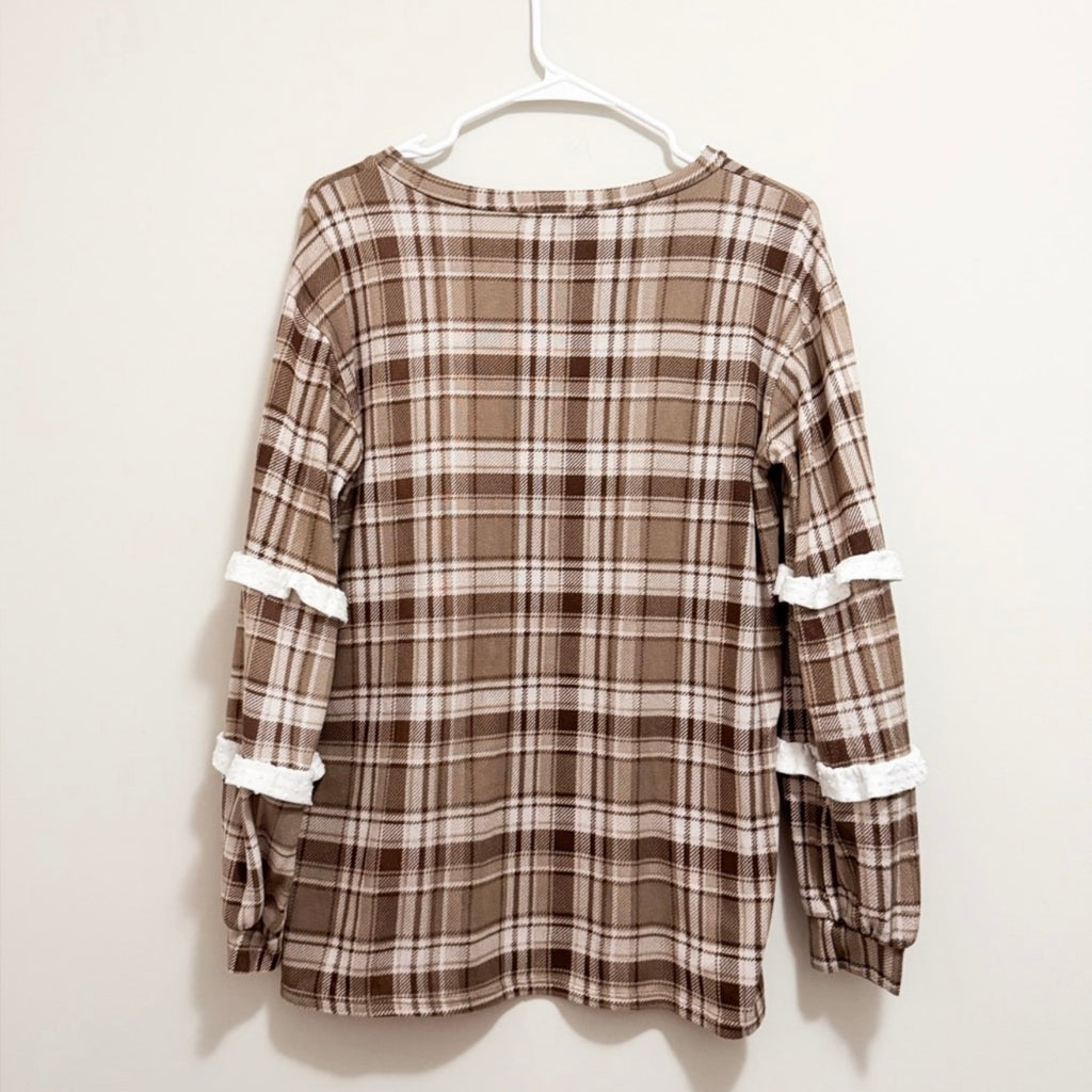 Women’s Brown Plaid Cozy Long Sleeve Top Size Small