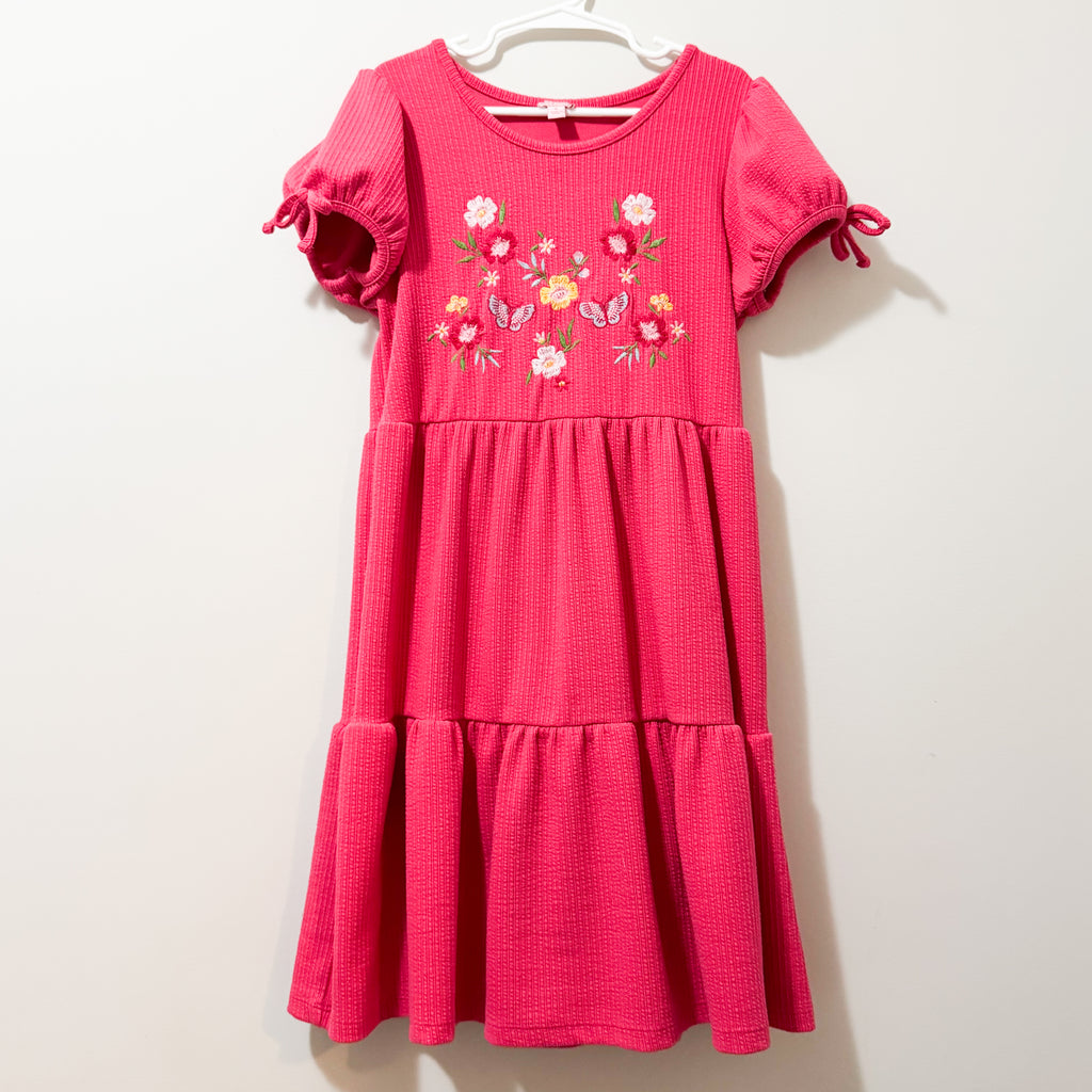 Kids Hot Pink Ribbed Floral Dress Size 8