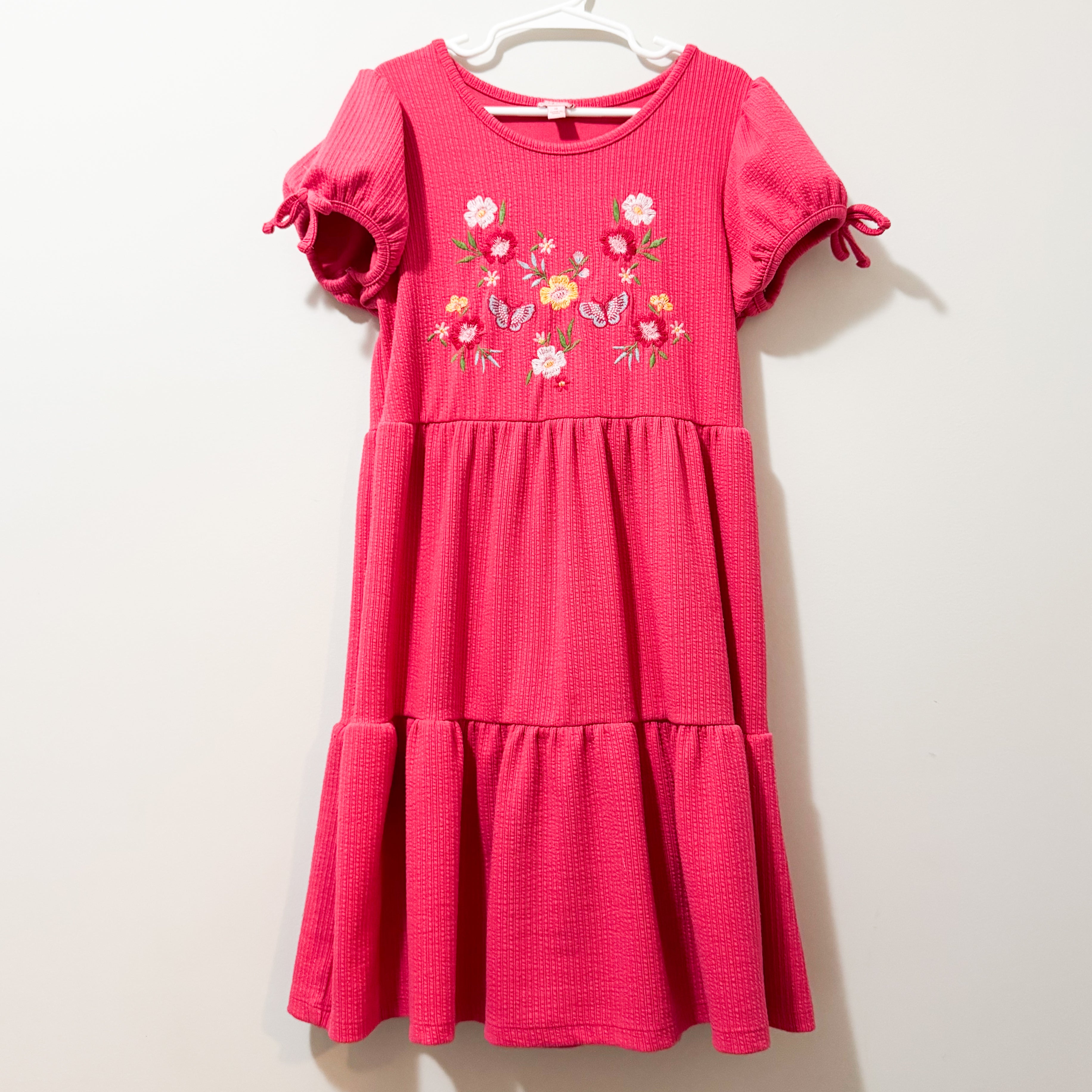 Kids Hot Pink Ribbed Floral Dress Size 8
